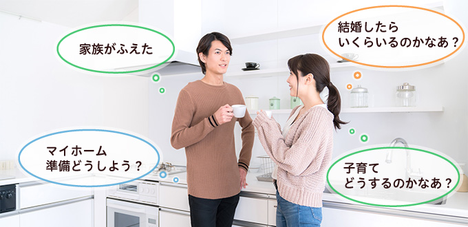 家族がふえた 結婚したらいくらいるのかなあ？ 子育てどうするのかなあ？ マイホーム準備どうしよう？